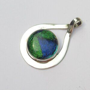 Dichroic Glass Sterling Silver Teardrop Pendant Blue & Green Handmade In Mexico